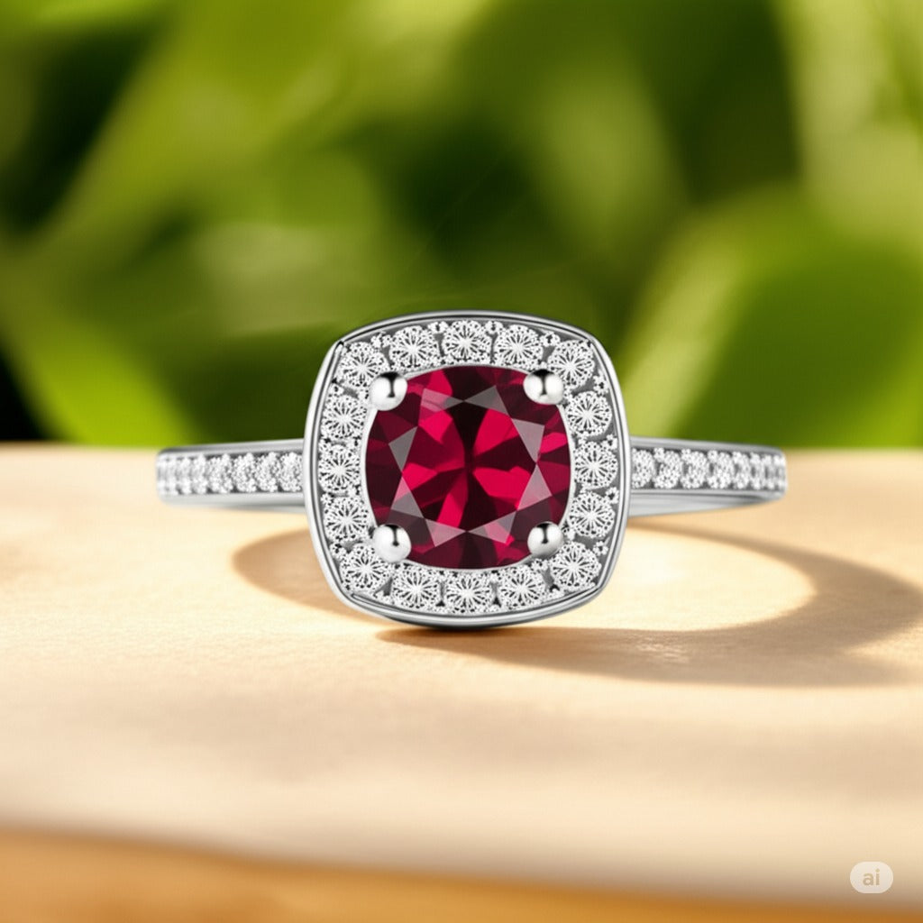 Cavell Everlasting Devotion natural ruby ring in sterling silver surrounded by round-cut cubic zirconia accents placed on a surface
