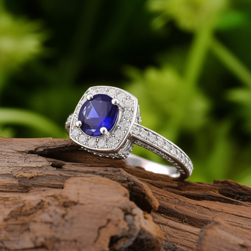 Cavell Everlasting Devotion natural sapphire ring in sterling silver surrounded by round-cut cubic zirconia accents placed on a surface