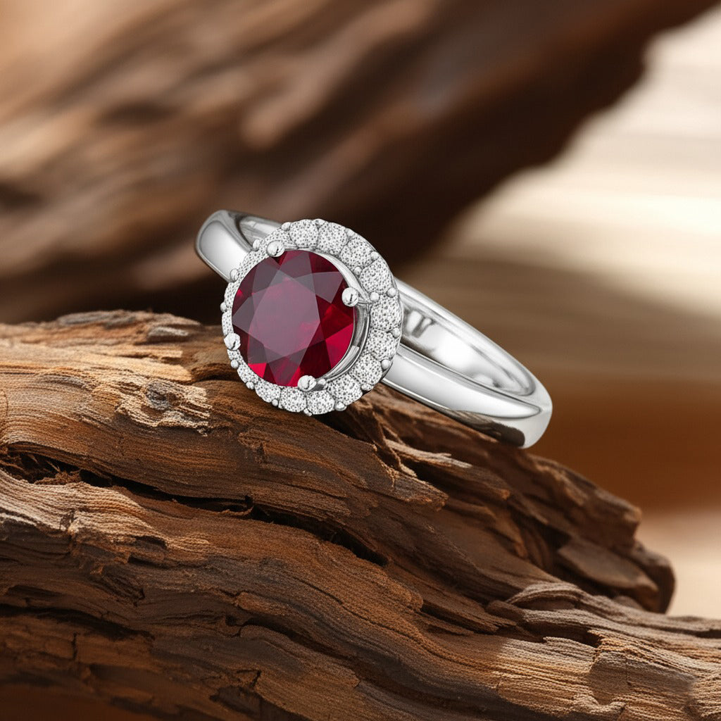 Cavell Eternal Love natural ruby ring in sterling silver surrounded by round-cut cubic zirconia accents placed on a surface