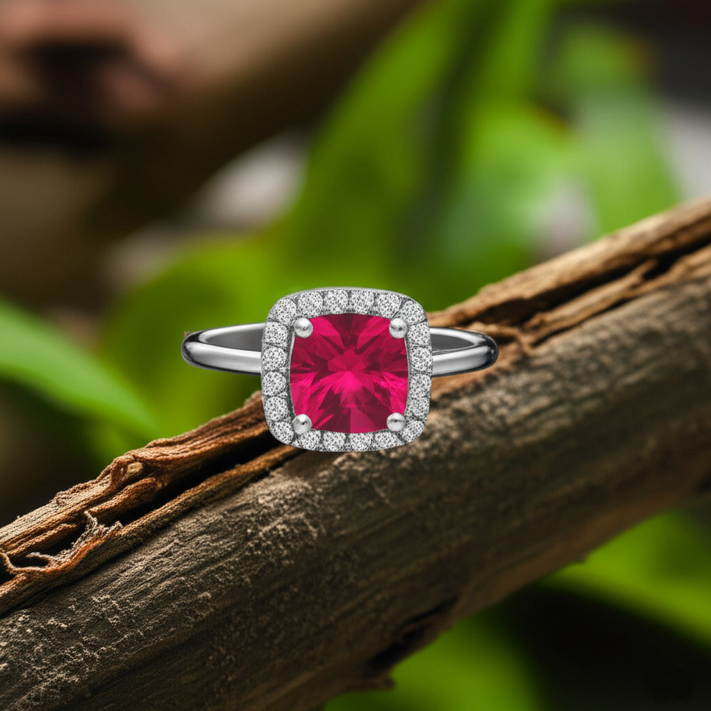 Cavell Touch of Luxury natural ruby ring in sterling silver surrounded by round-cut cubic zirconia accents placed on a surface