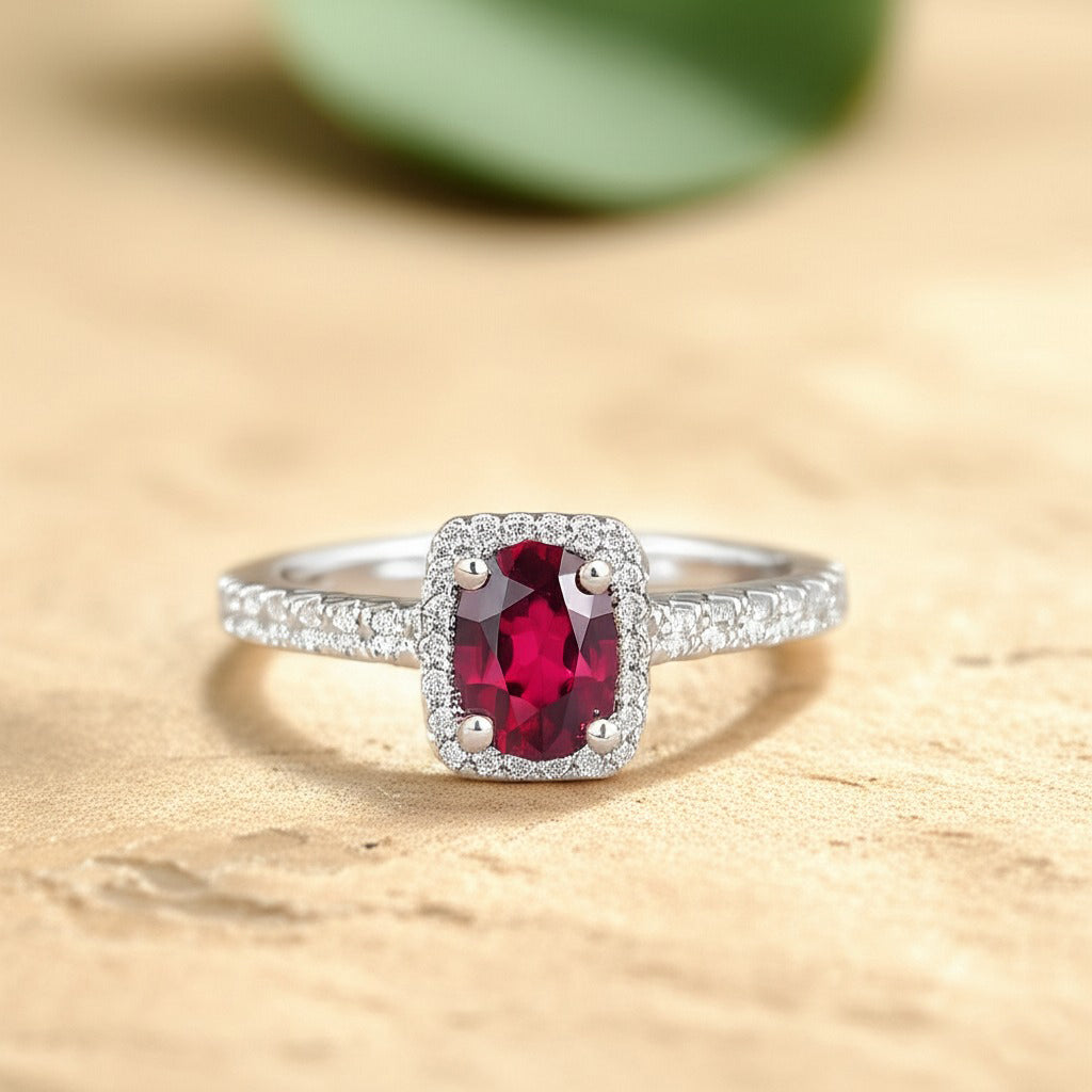 Cavell Feel Timeless natural ruby ring in sterling silver surrounded by round-cut cubic zirconia accents placed on a surface