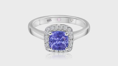 360° video of Cavell Touch of Luxury natural tanzanite ring in sterling silver surrounded by round-cut cubic zirconia accents with hidden rose quartz gemstone inside