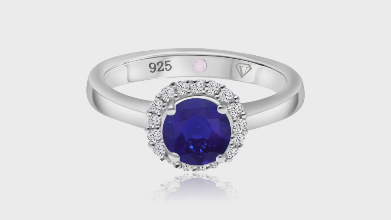 360° video of Cavell Eternal Love natural sapphire ring in sterling silver surrounded by round-cut cubic zirconia accents with hidden rose quartz gemstone inside