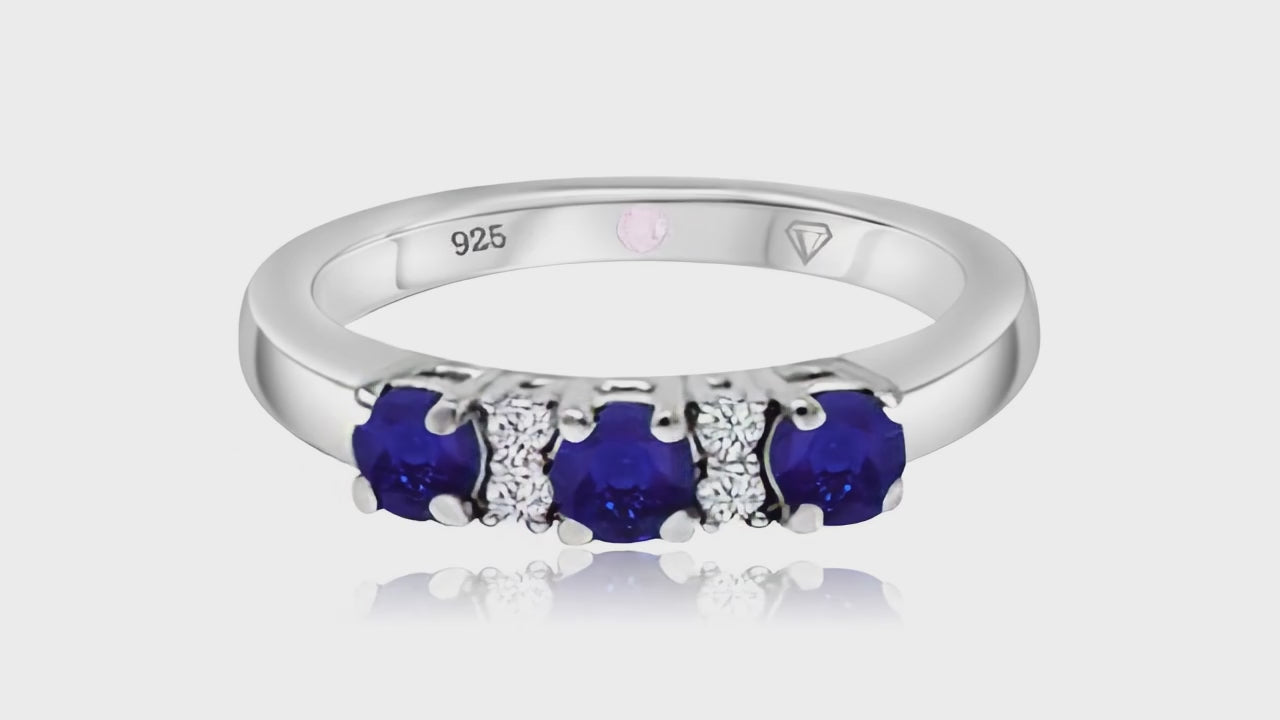 360° video of Cavell Trilogy of Loyalty natural sapphire ring in sterling silver surrounded by round-cut cubic zirconia accents with hidden rose quartz gemstone inside